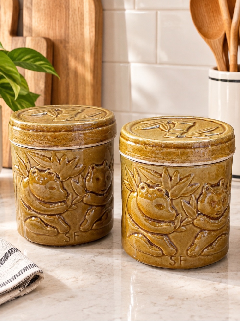 Vintage Sheila Fournier Mcm panda and bamboo canisters
